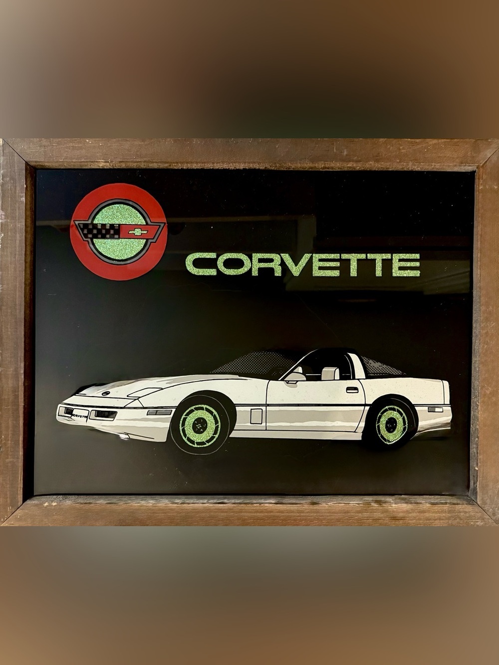 1985 white Corvette glass sign poster w/ green glitter. Muscle car advertising